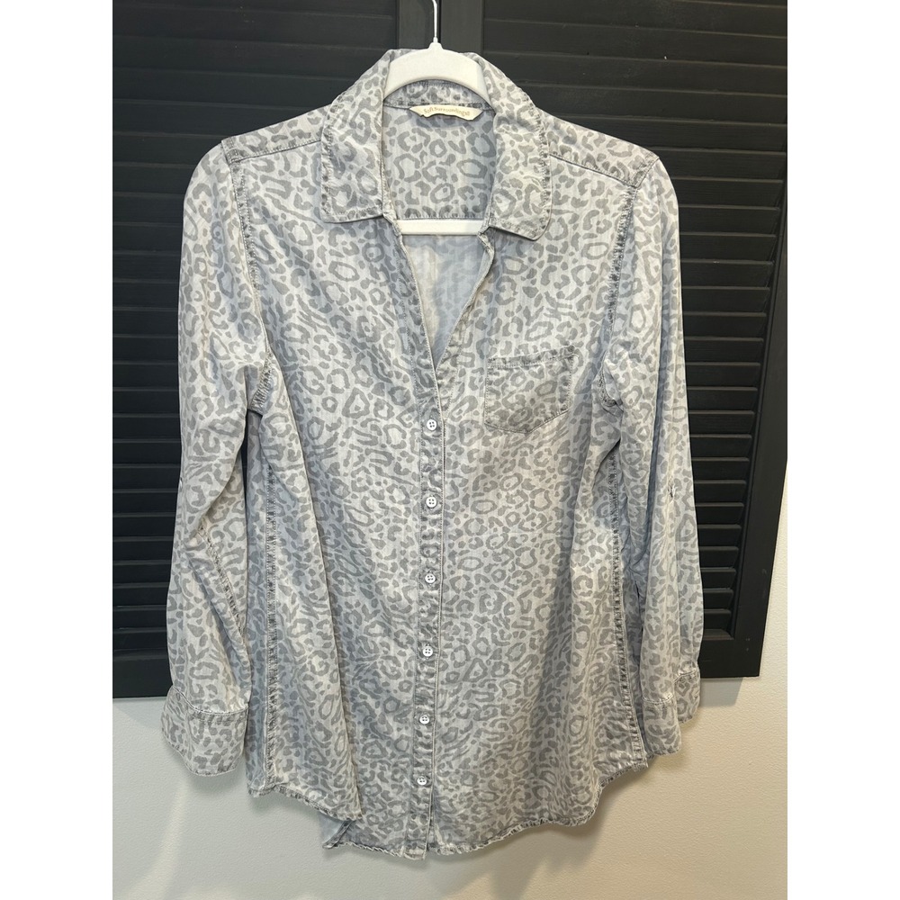Soft Surroundings Grey Leopard Print Button Down Shirt Women Long Sleeve Small